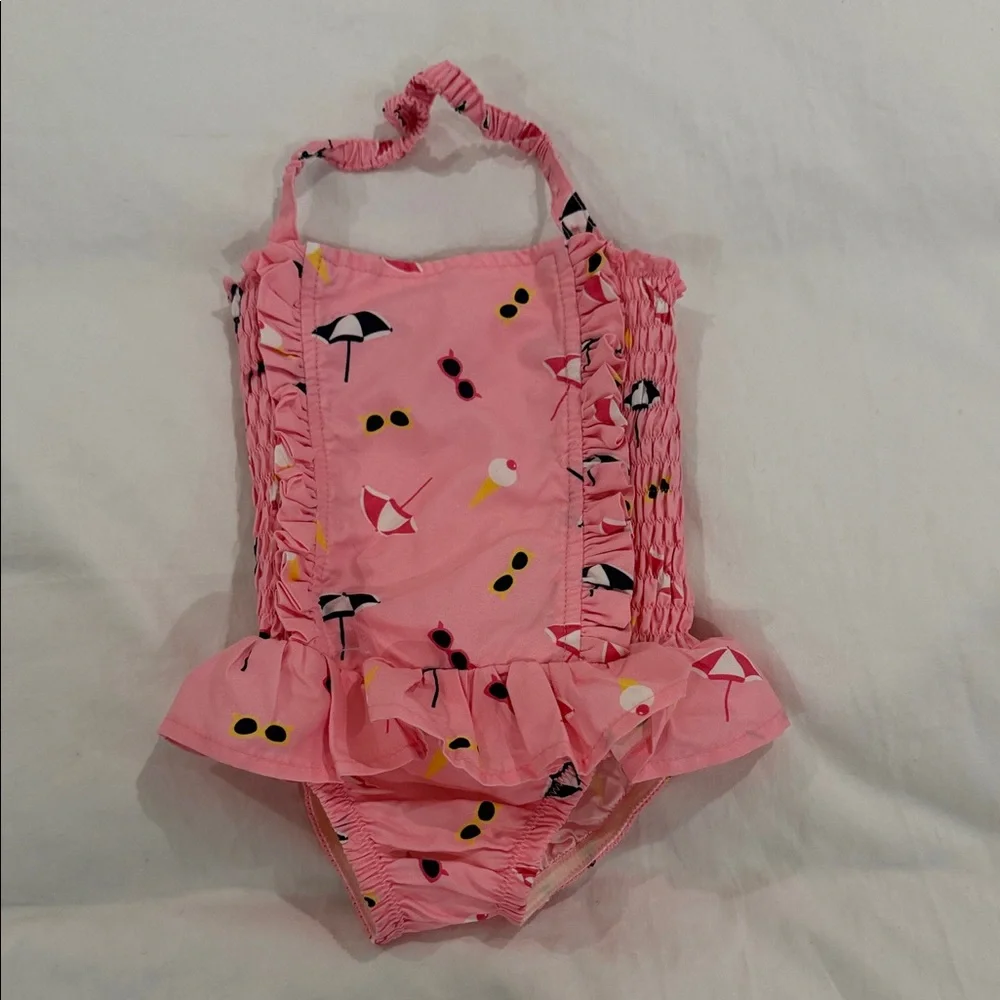 Rachel Riley Pink Ruffle One-Piece Swimsuit with Beach Print